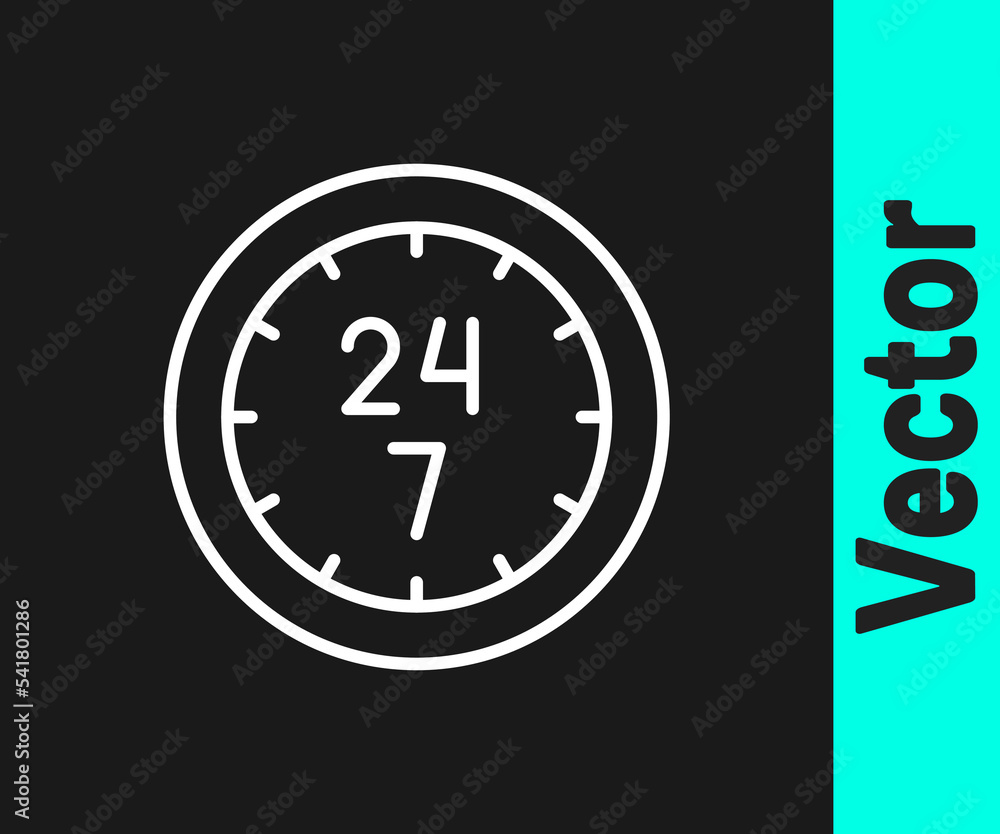 White line Clock 24 hours icon isolated on black background. All day cyclic icon. 24 hours service symbol. Vector White line Clock 24 hours icon isolated on black background. All day cyclic icon. 24 hours service symbol. Vector