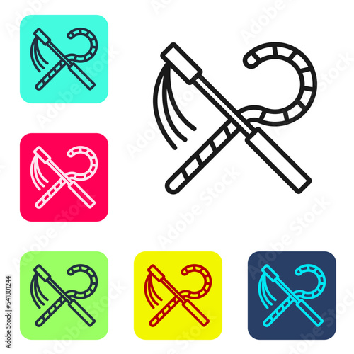 Black line Crook and flail icon isolated on white background. Ancient Egypt symbol. Scepters of egypt. Set icons in color square buttons. Vector