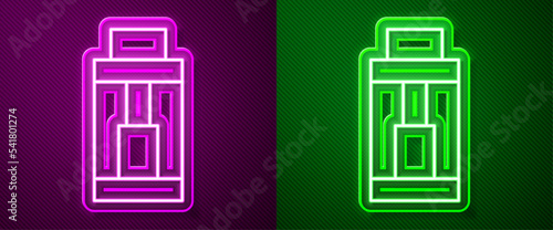 Glowing neon line Vape mod device icon isolated on purple and green background. Vape smoking tool. Vaporizer Device. Vector