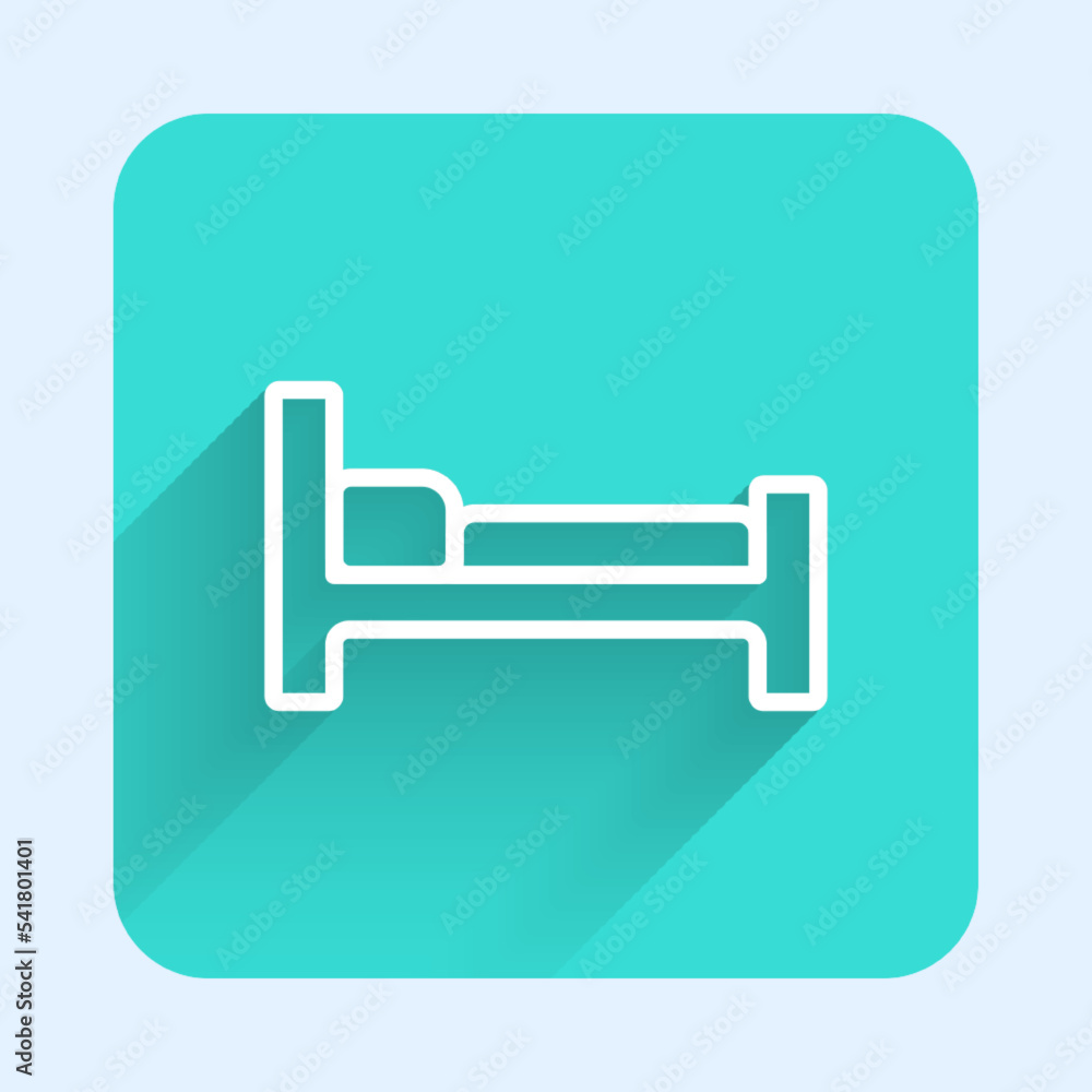 White line Bed icon isolated with long shadow background. Green square button. Vector White line Bed icon isolated with long shadow background. Green square button. Vector