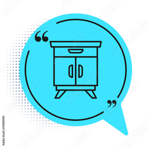 Black line Furniture nightstand icon isolated on white background. Blue speech bubble symbol. Vector