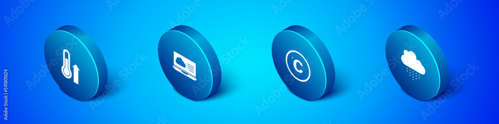 Set Isometric Meteorology thermometer, Celsius, Cloud with rain and Weather forecast icon. Vector Set Isometric Meteorology thermometer, Celsius, Cloud with rain and Weather forecast icon. Vector