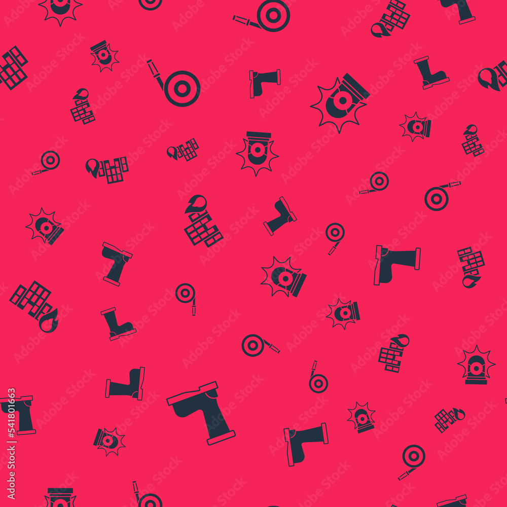 Set Fire boots, hose reel, in burning buildings and Flasher siren on seamless pattern. Vector Set Fire boots, hose reel, in burning buildings and Flasher siren on seamless pattern. Vector
