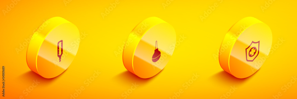 Set Isometric Medical thermometer, Enema and Life insurance in hand icon. Vector Set Isometric Medical thermometer, Enema and Life insurance in hand icon. Vector