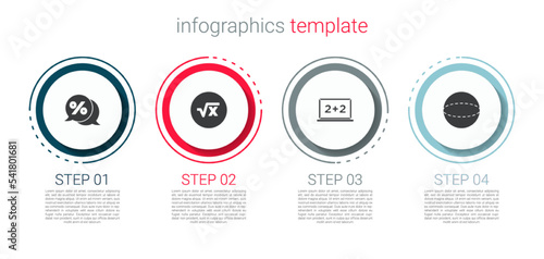 Set Discount percent tag, Square root of x glyph, Chalkboard and Geometric figure Sphere. Business infographic template. Vector