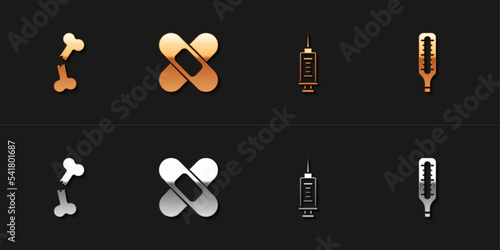 Set Human broken bone, Crossed bandage plaster, Syringe and Medical thermometer icon. Vector