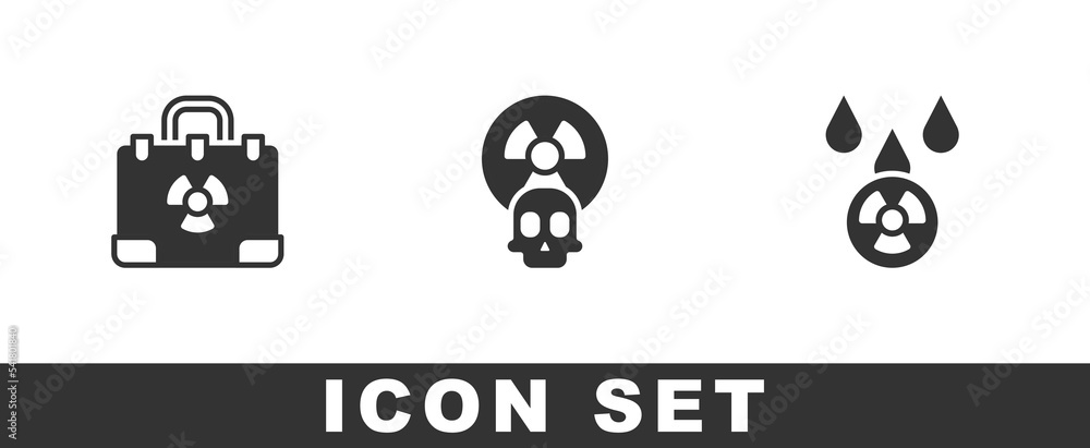 Set Radiation nuclear suitcase, Radioactive and Acid rain and radioactive cloud icon. Vector
