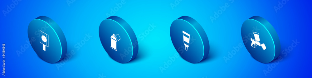 Set Isometric Spray can nozzle cap, Tube with paint palette, Paint spray gun and icon. Vector Set Isometric Spray can nozzle cap, Tube with paint palette, Paint spray gun and icon. Vector