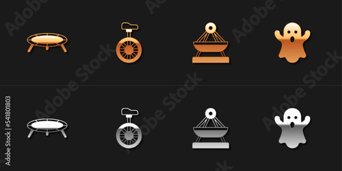 Set Jumping trampoline, Unicycle or one wheel bicycle, Boat swing and Ghost icon. Vector