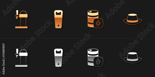 Set Dispenser beer, Bottle opener, Metal keg and Oktoberfest hat icon. Vector