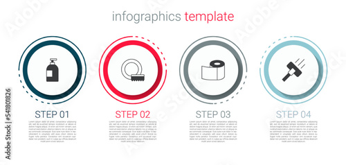 Set Dishwashing liquid bottle, Washing dishes, Toilet paper roll and Vacuum cleaner. Business infographic template. Vector