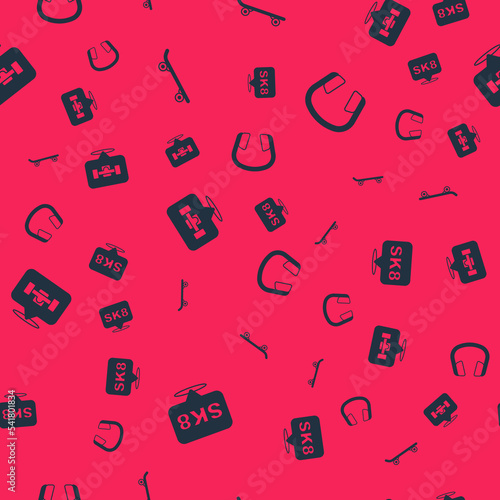 Set Skateboard, , wheel and Headphones on seamless pattern. Vector