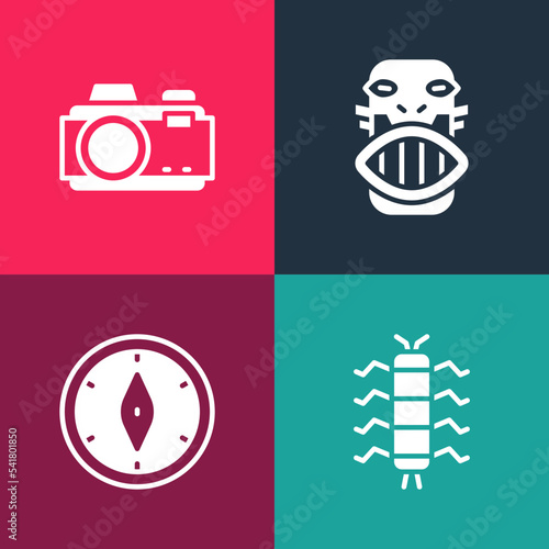 Set pop art Centipede insect, Compass, Mexican mayan or aztec mask and Photo camera icon. Vector