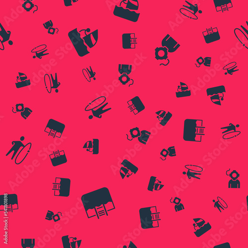 Set Swimming pool with ladder, Windsurfing, Surfboard and Aqualung on seamless pattern. Vector