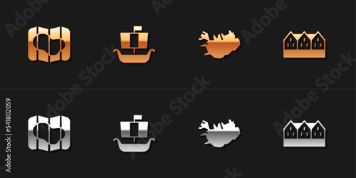 Set Map of Iceland, Viking ship Drakkar, and Norwegian wooden house icon. Vector