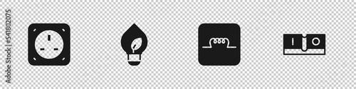 Set Electrical outlet, Light bulb with leaf, Inductor in electronic circuit and light switch icon. Vector