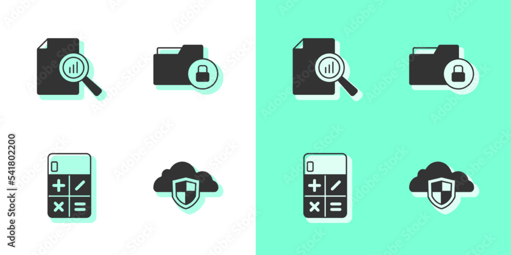 Set Cloud and shield, Document with graph chart, Calculator and Folder lock icon. Vector Set Cloud and shield, Document with graph chart, Calculator and Folder lock icon. Vector