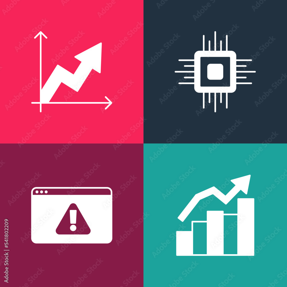 Set pop art Financial growth, Browser with exclamation mark, Processor CPU and icon. Vector Set pop art Financial growth, Browser with exclamation mark, Processor CPU and icon. Vector