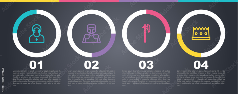Set line Monk, Medieval knight, axe and King crown. Business infographic template. Vector Set line Monk, Medieval knight, axe and King crown. Business infographic template. Vector
