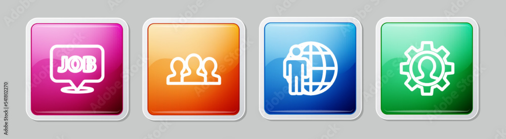 Set line Speech bubble with job, Users group, Head hunting and Human gear. Colorful square button. Vector Set line Speech bubble with job, Users group, Head hunting and Human gear. Colorful square button. Vector