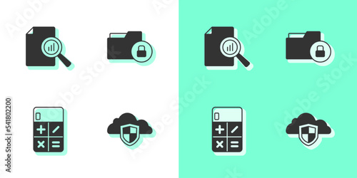 Set Cloud and shield, Document with graph chart, Calculator and Folder lock icon. Vector