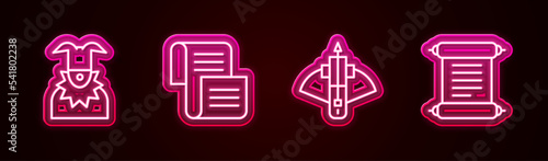 Set line Joker head, Decree, parchment, scroll, Battle crossbow with arrow and . Glowing neon icon. Vector