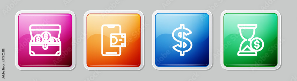 Set line Treasure chest, Mobile banking, Dollar symbol and Hourglass with dollar. Colorful square button. Vector Set line Treasure chest, Mobile banking, Dollar symbol and Hourglass with dollar. Colorful square button. Vector