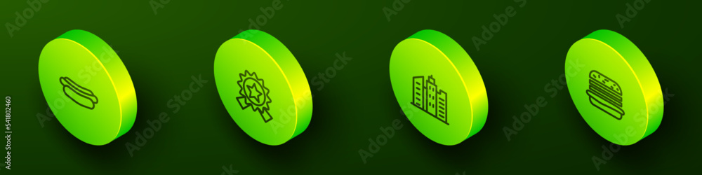 Set Isometric line Hotdog sandwich, Medal with star, City landscape and Burger icon. Vector Set Isometric line Hotdog sandwich, Medal with star, City landscape and Burger icon. Vector