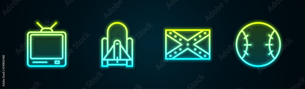 Set line Retro tv, Rocket launch from the spaceport, Flag Confederate and Baseball ball. Glowing neon icon. Vector Set line Retro tv, Rocket launch from the spaceport, Flag Confederate and Baseball ball. Glowing neon icon. Vector
