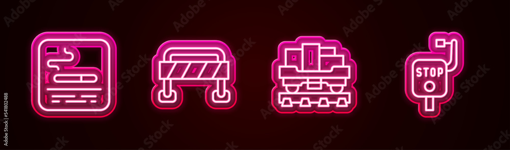 Set line Smoking area, Road barrier, Cargo train wagon and Emergency brake. Glowing neon icon. Vector