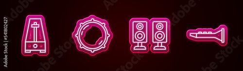 Set line Metronome with pendulum, Dial knob level, Stereo speaker and Clarinet. Glowing neon icon. Vector