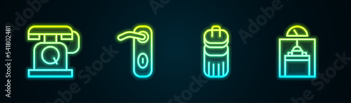 Set line Telephone handset, Door handle, Trash can and Lift. Glowing neon icon. Vector