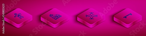 Set Isometric line Bungee jumping, Roller skate, Drone flying and Longboard or skateboard icon. Vector