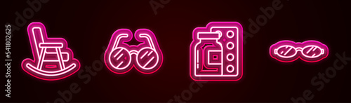 Set line Rocking chair, Eyeglasses, Pills blister pack and . Glowing neon icon. Vector