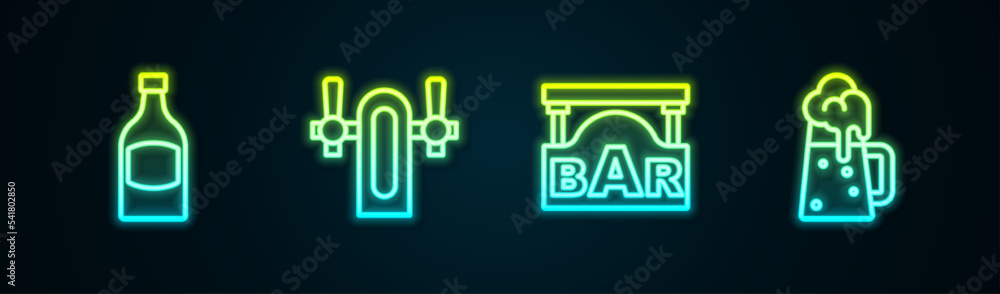 Set line Beer bottle, tap, Street signboard with Bar and Wooden beer mug. Glowing neon icon. Vector Set line Beer bottle, tap, Street signboard with Bar and Wooden beer mug. Glowing neon icon. Vector