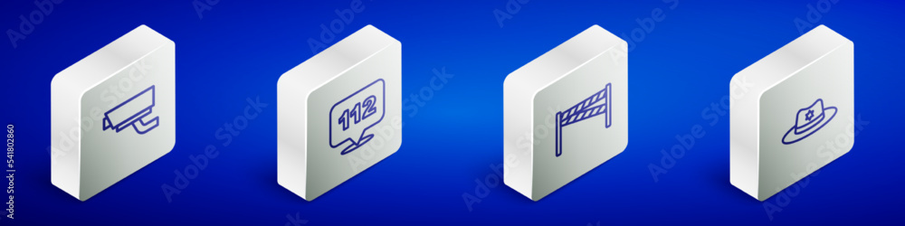Set Isometric line Security camera, Telephone call 112, Crime scene and Sheriff hat with badge icon. Vector Set Isometric line Security camera, Telephone call 112, Crime scene and Sheriff hat with badge icon. Vector