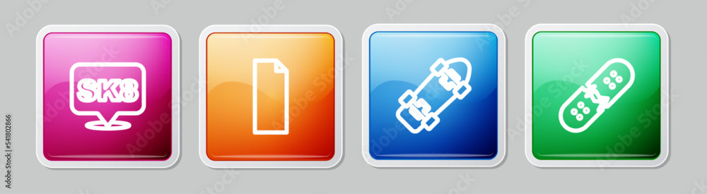 Set line Skateboard, Grip tape on skateboard, and Broken deck. Colorful square button. Vector Set line Skateboard, Grip tape on skateboard, and Broken deck. Colorful square button. Vector