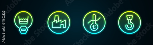 Set line Delicate wash, Factory production, Meteorology thermometer and Industrial hook. Glowing neon icon. Vector