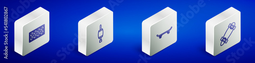 Set Isometric line Skateboard wheel, Screwdriver, and Longboard or skateboard icon. Vector