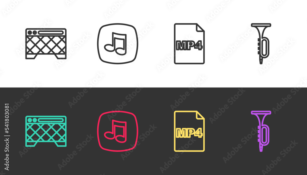 Set line Guitar amplifier, Music note, tone, MP4 file document and Trumpet on black and white. Vector Set line Guitar amplifier, Music note, tone, MP4 file document and Trumpet on black and white. Vector