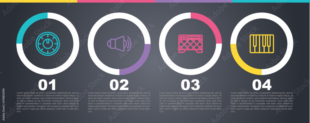Set line Sound mixer controller, Megaphone, Guitar amplifier and Music synthesizer. Business infographic template. Vector Set line Sound mixer controller, Megaphone, Guitar amplifier and Music synthesizer. Business infographic template. Vector