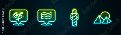 Set line Eye of Horus, Flag Of Egypt, mummy and pyramids. Glowing neon icon. Vector