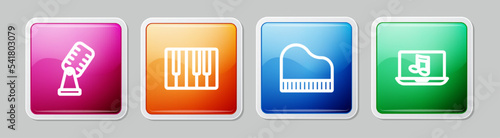 Set line Microphone, Music synthesizer, Grand piano and Laptop with music. Colorful square button. Vector