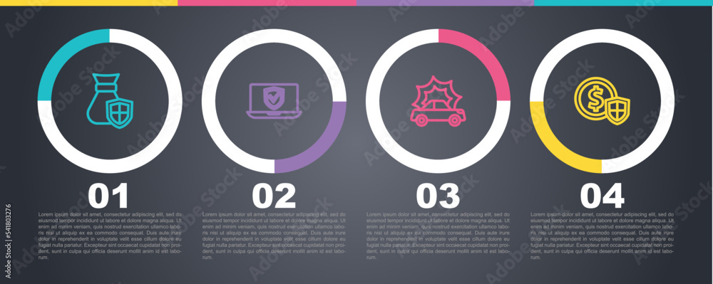 Set line Money bag with shield, Insurance online, Car accident and . Business infographic template. Vector Set line Money bag with shield, Insurance online, Car accident and . Business infographic template. Vector