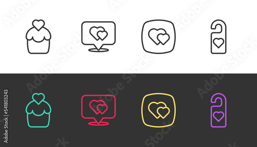 Set line Wedding cake, Location with heart, Heart and Please do not disturb on black and white. Vector