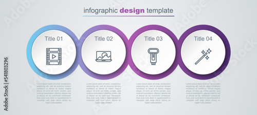 Set line Camera film roll cartridge, Photo retouching, camera flash and . Business infographic template. Vector