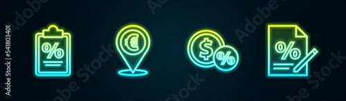 Set line Finance document, Cash location, Money coin with percent and . Glowing neon icon. Vector