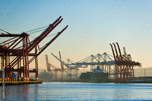 Harbor cranes unloading a container ship at port