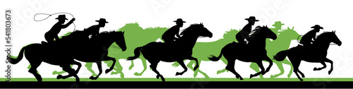 Cowboys ride horses. Chasing herd. Picture silhouette. Riders on horseback. Isolated on white background. Vector