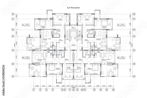 Fototapeta Detailed architectural one story private house blueprints and drawings